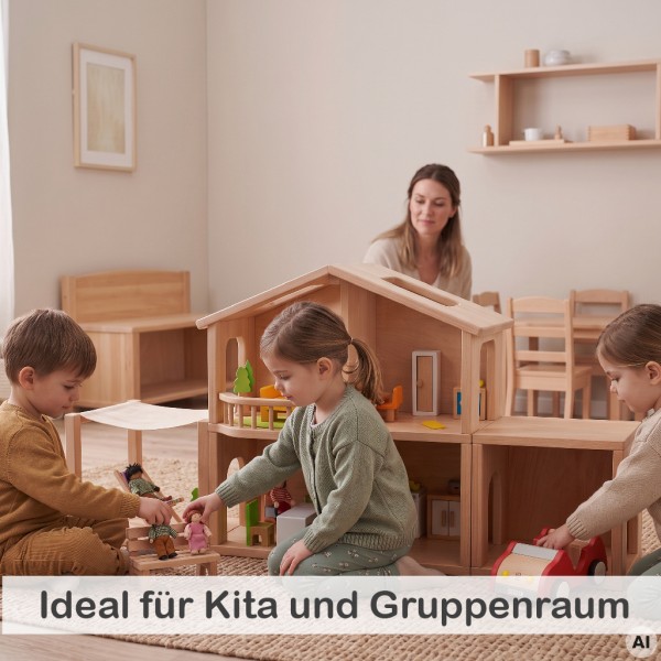 Kinder spielen mit einem Puppenhaus in der Kita